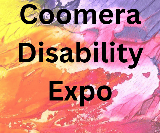 Colorful graphic banner reading "Coomera Disability Expo" set against a vibrant, abstract background.