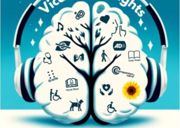 Vicarious Insights Podcast logo featuring a brain with headphones, representing various disability-related icons such as Braille, visual story, sign language, wheelchair accessibility, and more. The tagline reads "Learn With Me: A Journey into the World of Disabilities