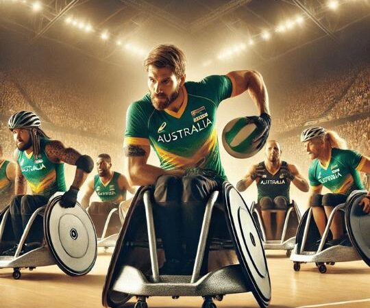 Origins of Paralympic Sports: Intense wheelchair rugby match featuring ai generated Australian Paralympians in green and gold uniforms, capturing the competitive spirit of the game