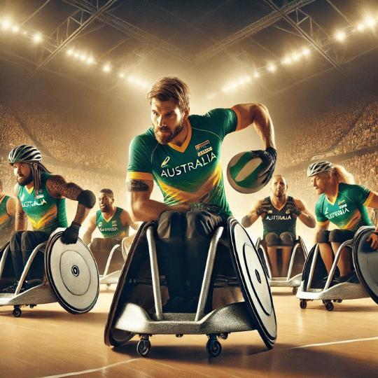 Origins of Paralympic Sports: Intense wheelchair rugby match featuring ai generated Australian Paralympians in green and gold uniforms, capturing the competitive spirit of the game